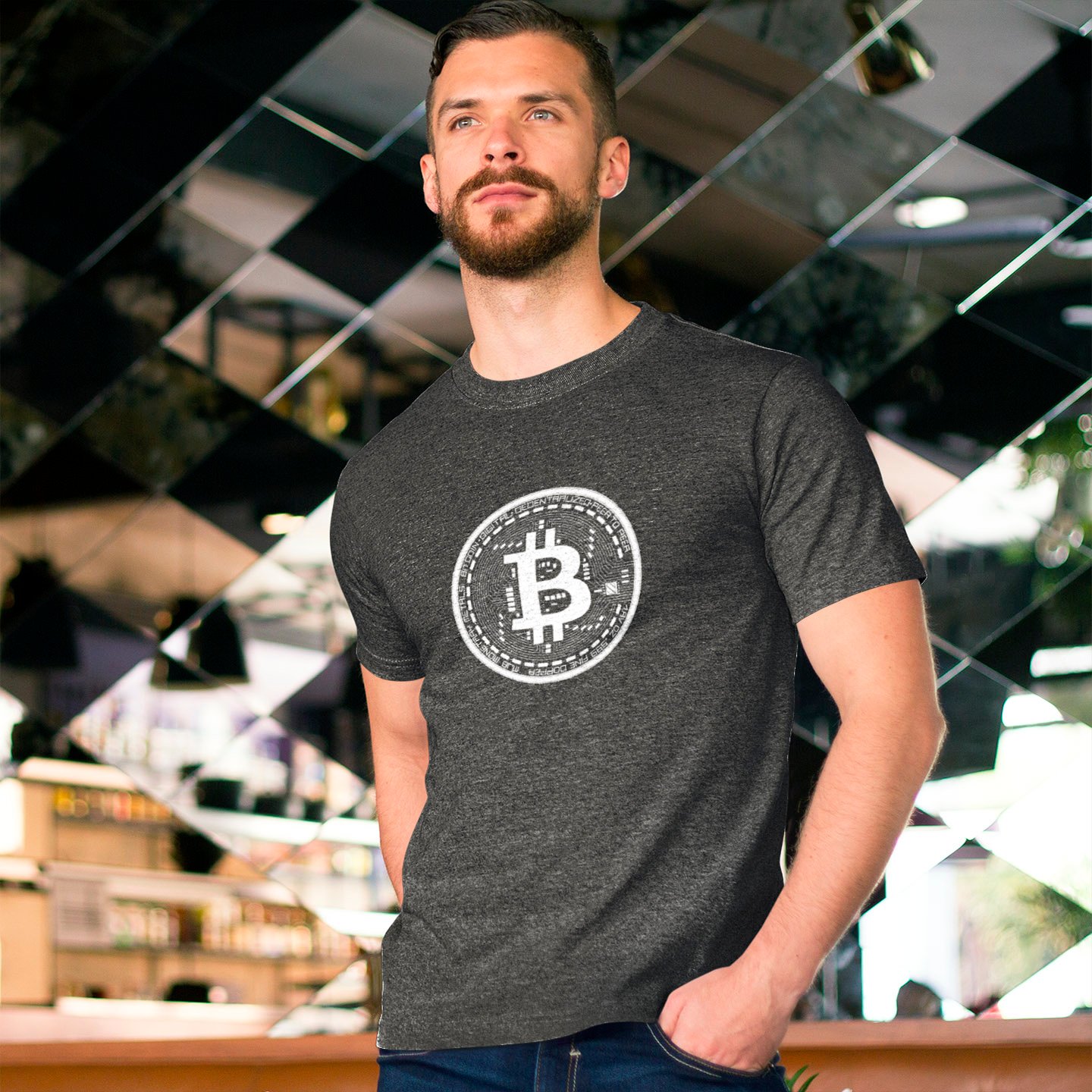 camiseta cinza mescla chumbo simbolo btc bitcoin branco